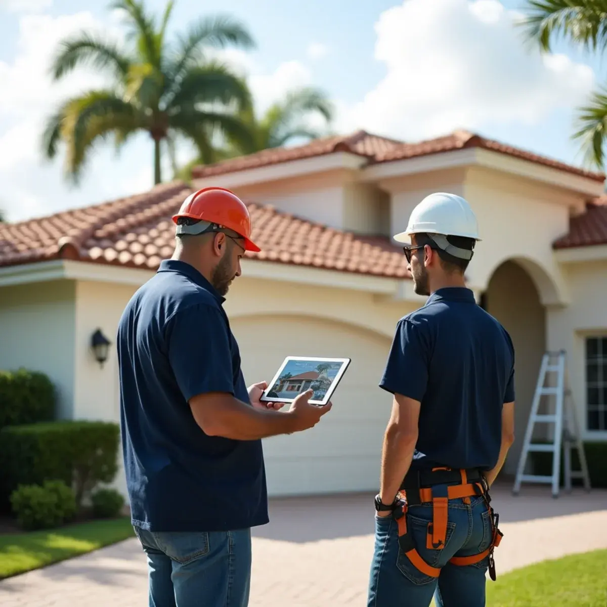 Roofers reviewing roof inspection photos on a tablet outside a Boca Raton, FL home