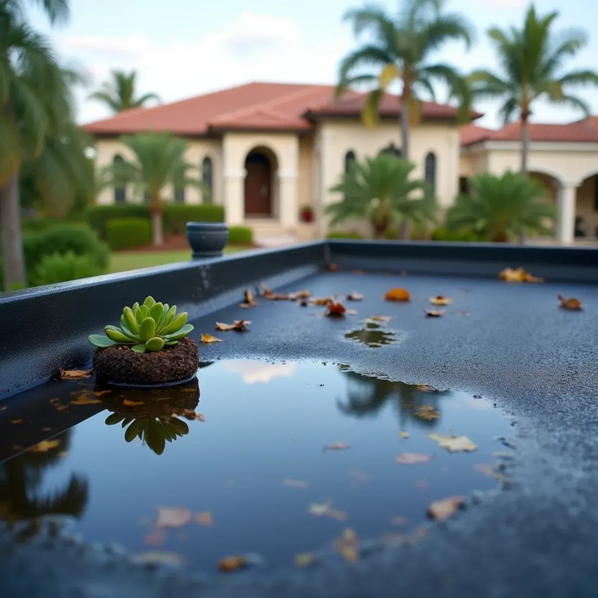 Standing water pooled on a modified bitumen flat roof over a patio in Boca Raton, FL