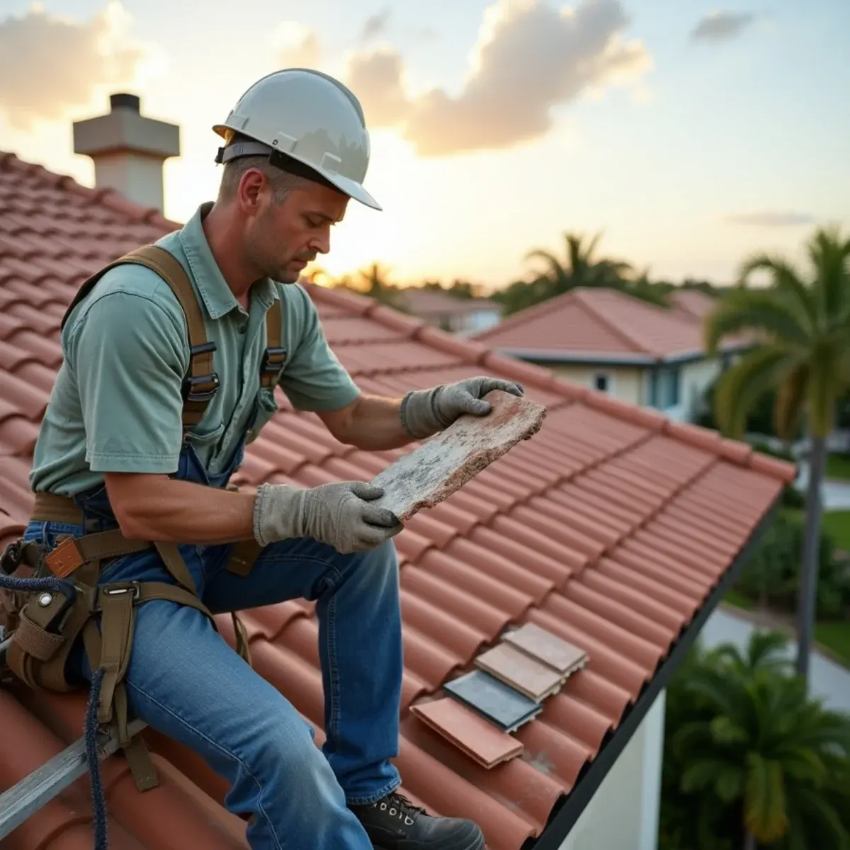 Roofer comparing an old concrete roof tile with a replacement sample for HOA approval in Boca Raton