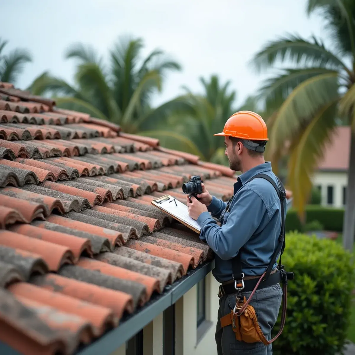 Inspector photographing an older concrete tile roof for a roof condition report in Florida