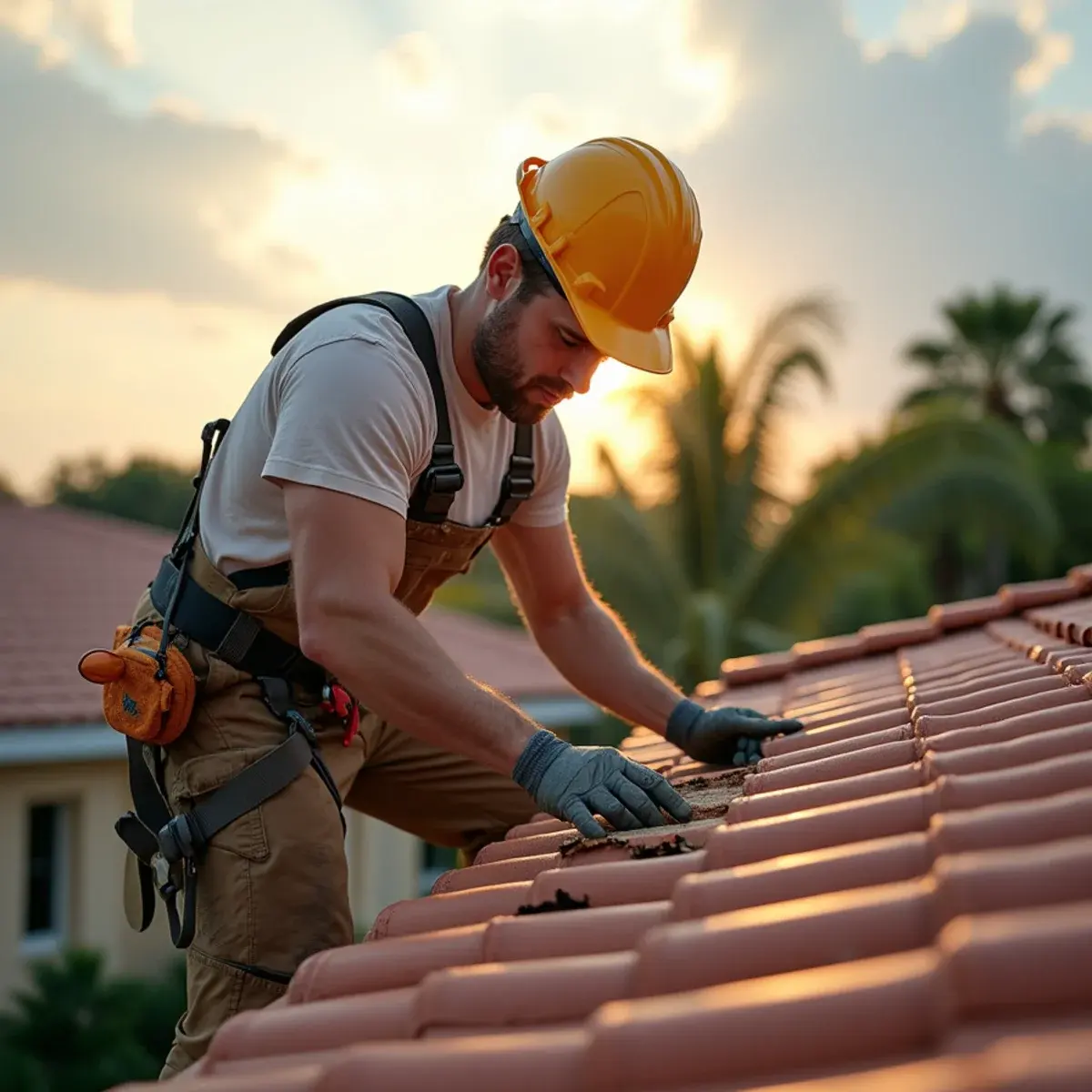 Roofer lifting concrete tiles to expose worn felt underlayment on a Boca Raton home