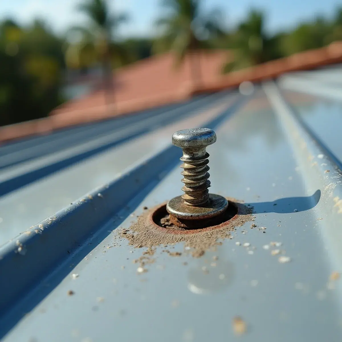 Close-up of a backed-out screw and cracked washer on a 5V crimp metal roof in Boca Raton