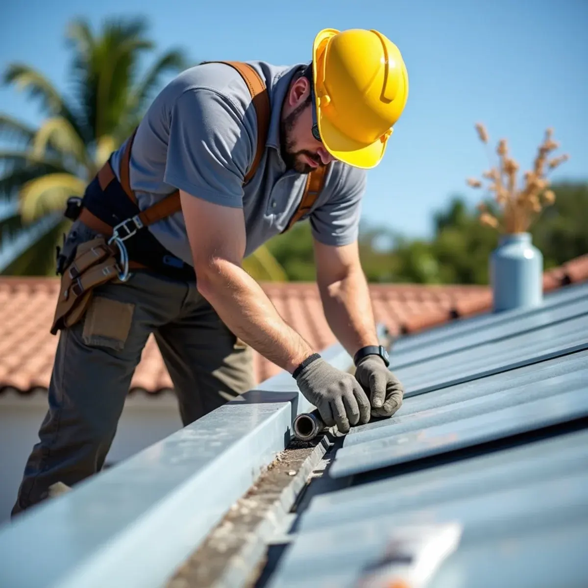 Roofer resealing ridge flashing on a standing seam metal roof in Boca Raton