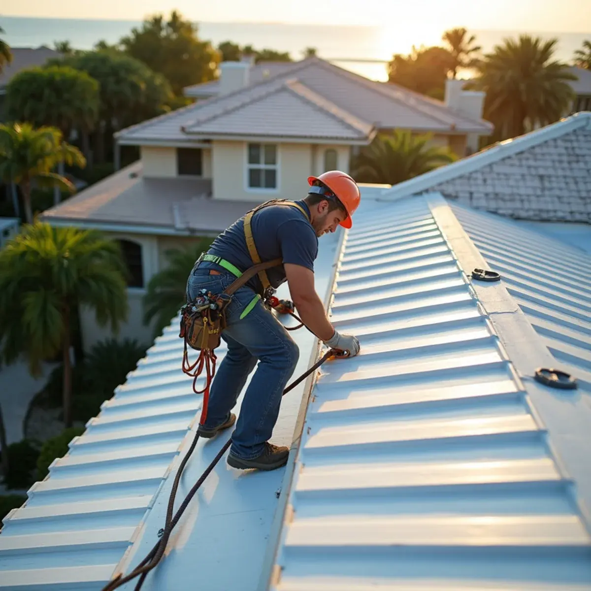 Roofer working on a standing seam metal roof on a coastal home in Boca Raton, FL