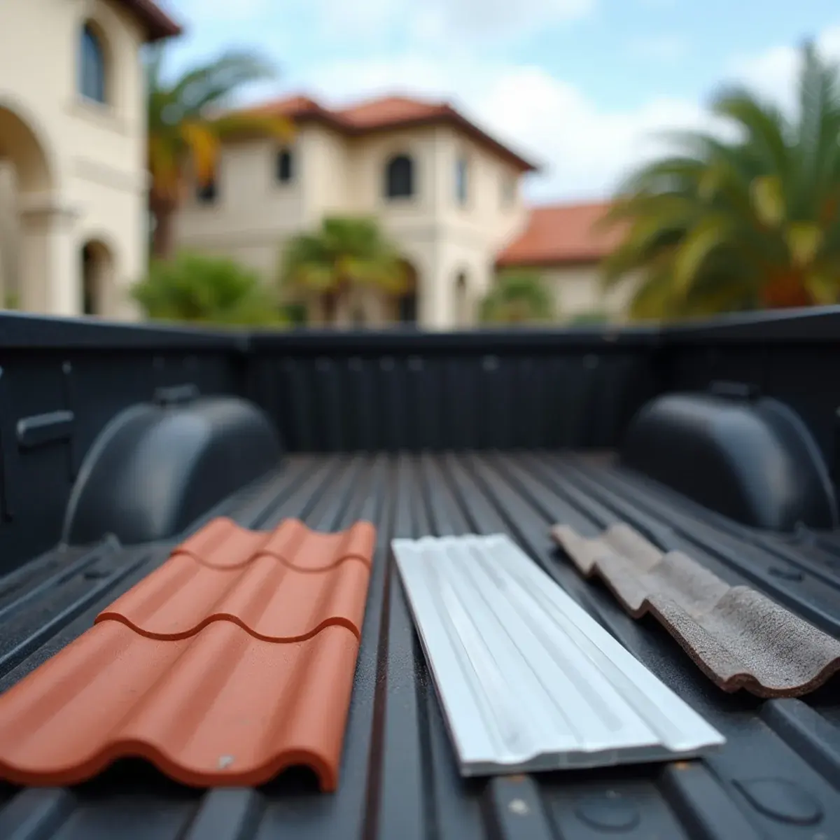 Tile, metal panel and shingle samples compared for a reroof in Boca Raton
