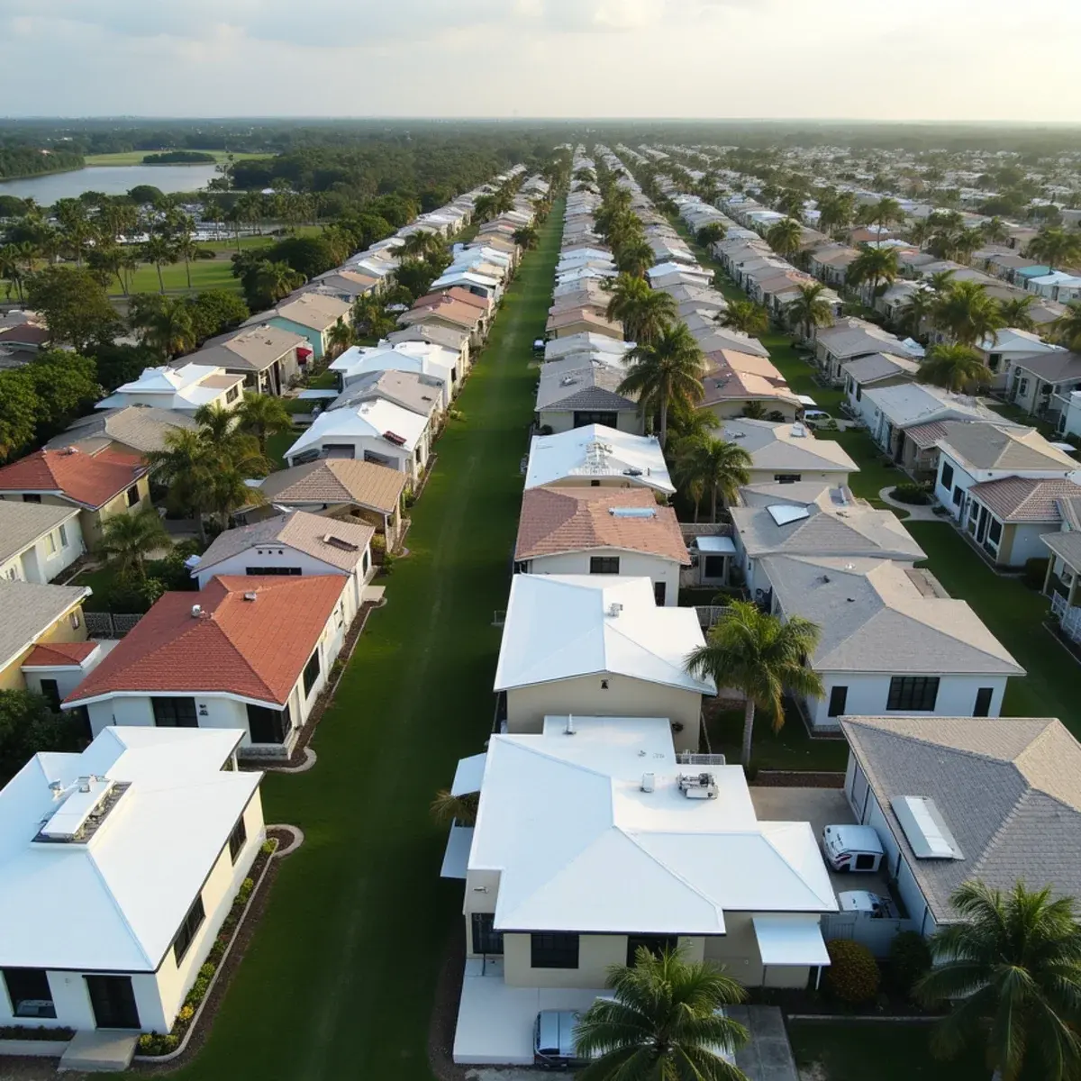 Rows of older villa roofs in a 55-plus community in Boynton Beach, FL