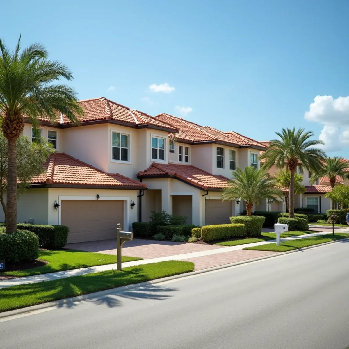 Continuous concrete tile roof line across attached townhouses in Coconut Creek, FL