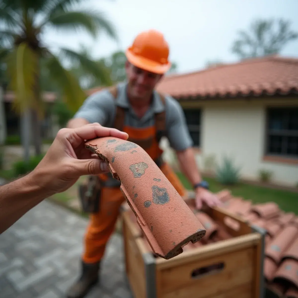 Reclaimed clay barrel tiles compared with an original tile for a Delray Beach roof repair