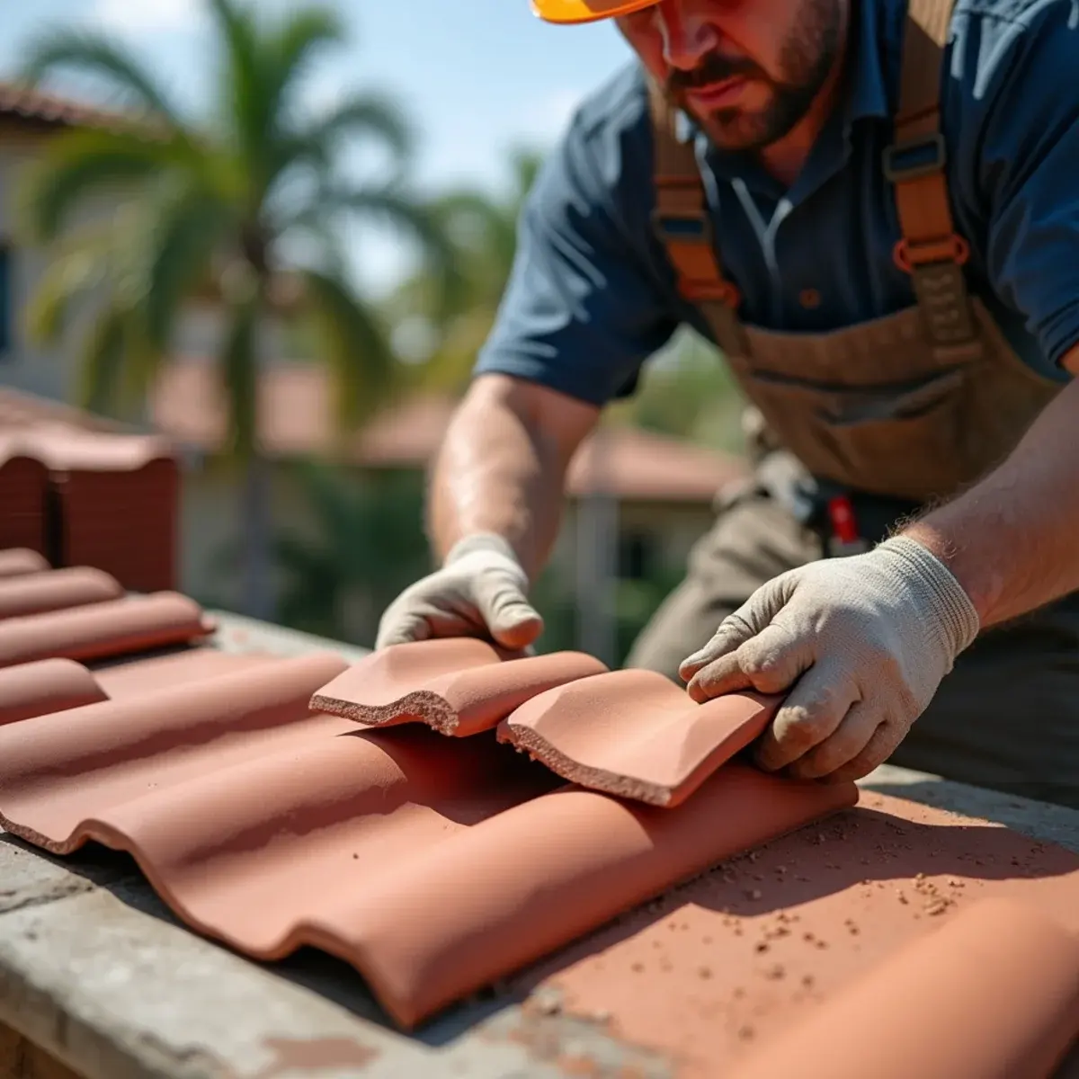 Roofer comparing terracotta roof tile profiles for a tile roof replacement in Boca Raton