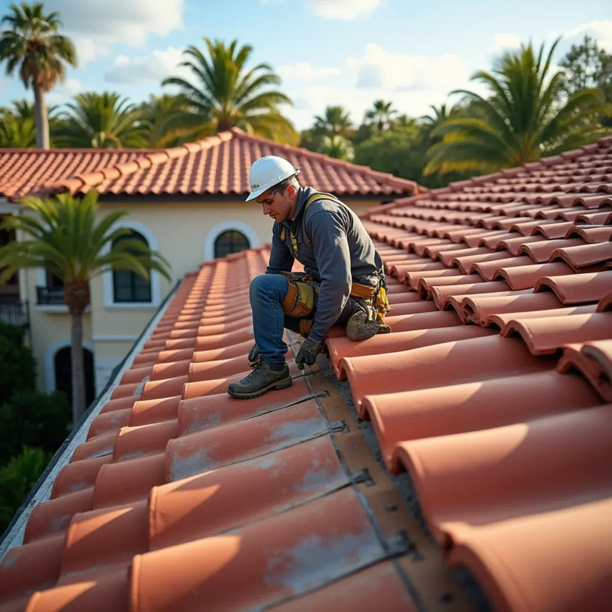 Roofer working on a new terracotta tile roof on a Mediterranean-style home in Boca Raton, FL