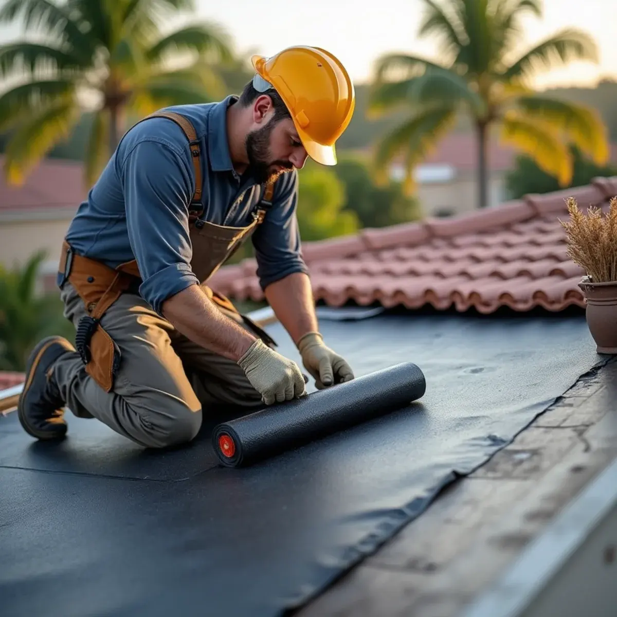 Roofer rolling out self-adhered underlayment over the roof deck in Boca Raton before tile is relaid